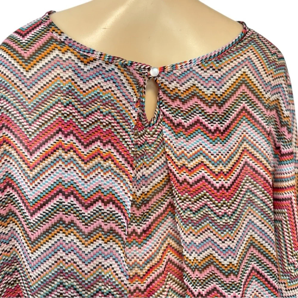 Stella Cruz Pink Multicolored Sheer Chevron Blouse‎ Kimono Flare Sleeve Cover-Up